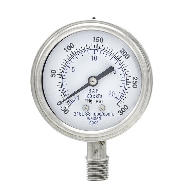 Pro 2 1/2 in Dial, 30 in Hg Vac/0/300 PSI & Bar, 1/4 in NPT, Lower Mount Dry/Fillable Pressure Gauge PRO-301D-254CH-01 - main